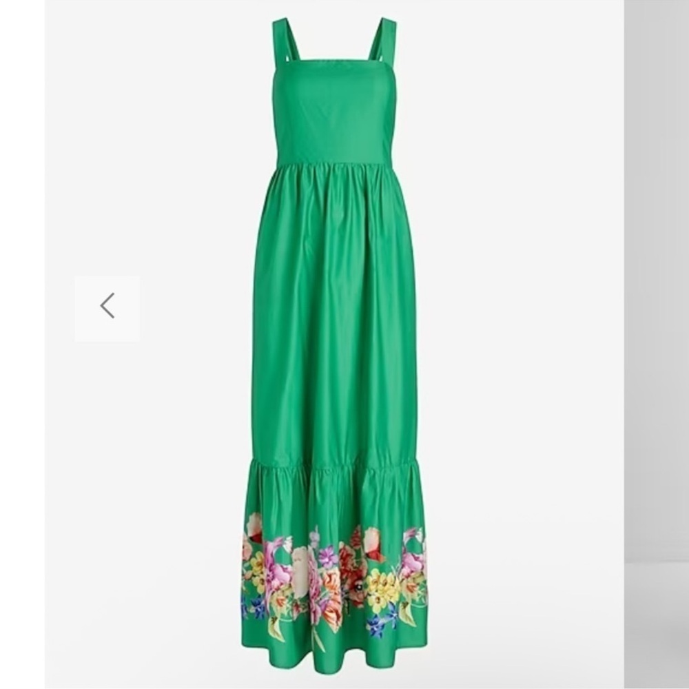 Express | Floral Square Neck Bow Back Tiered Maxi Dress | Kelly Green | size XS